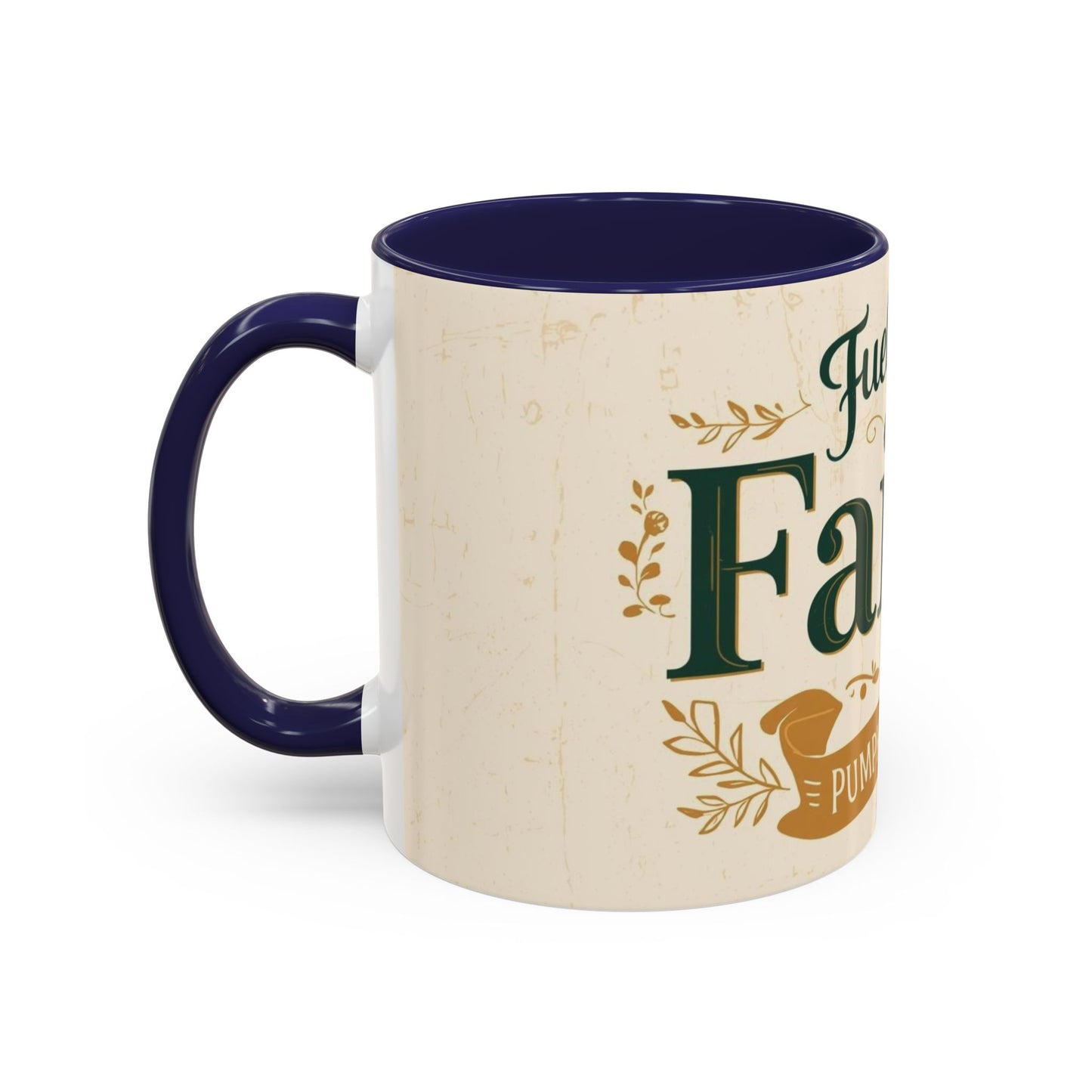 11oz navy “Fueled by Faith & Pumpkin Spice” ceramic mug — faith-based Christian drinkware perfect for cozy fall mornings.