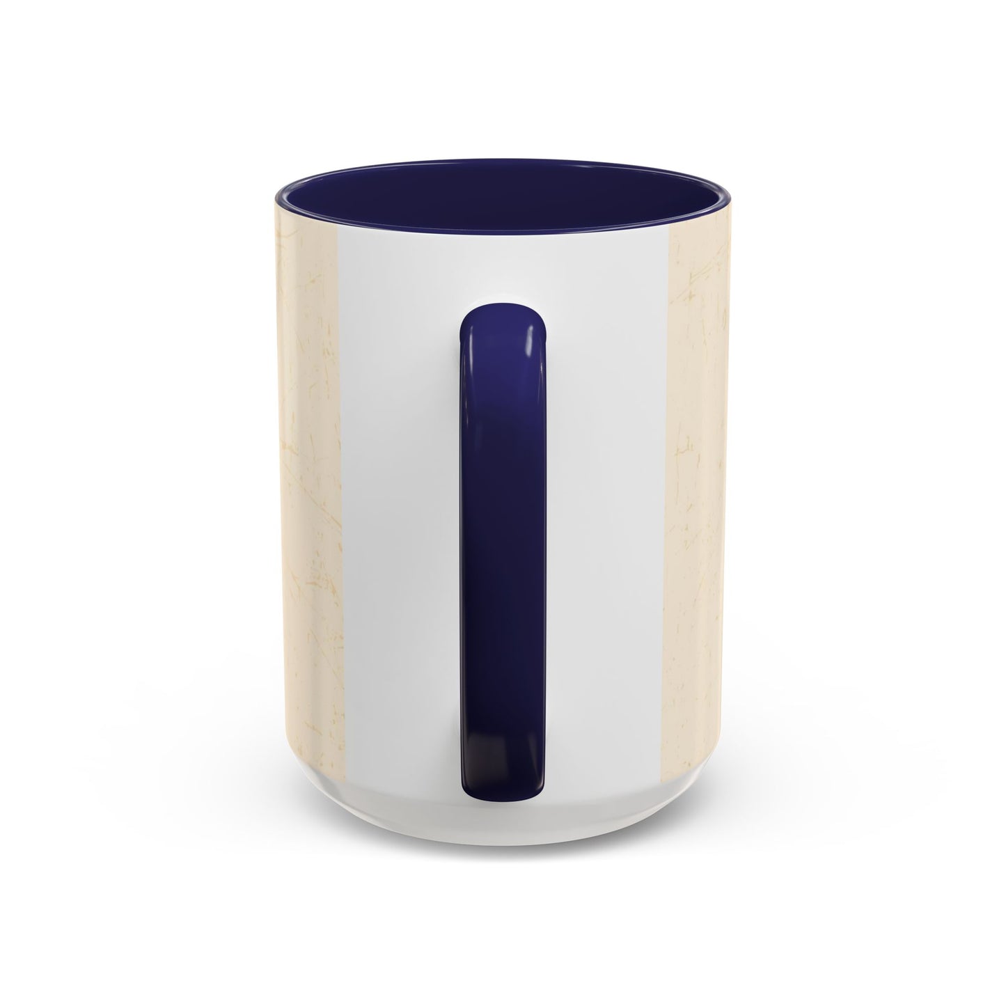 Handle view of navy “Fueled by Faith & Pumpkin Spice” 15oz mug — glossy Christian drinkware with dark navy interior and faith-inspired message.