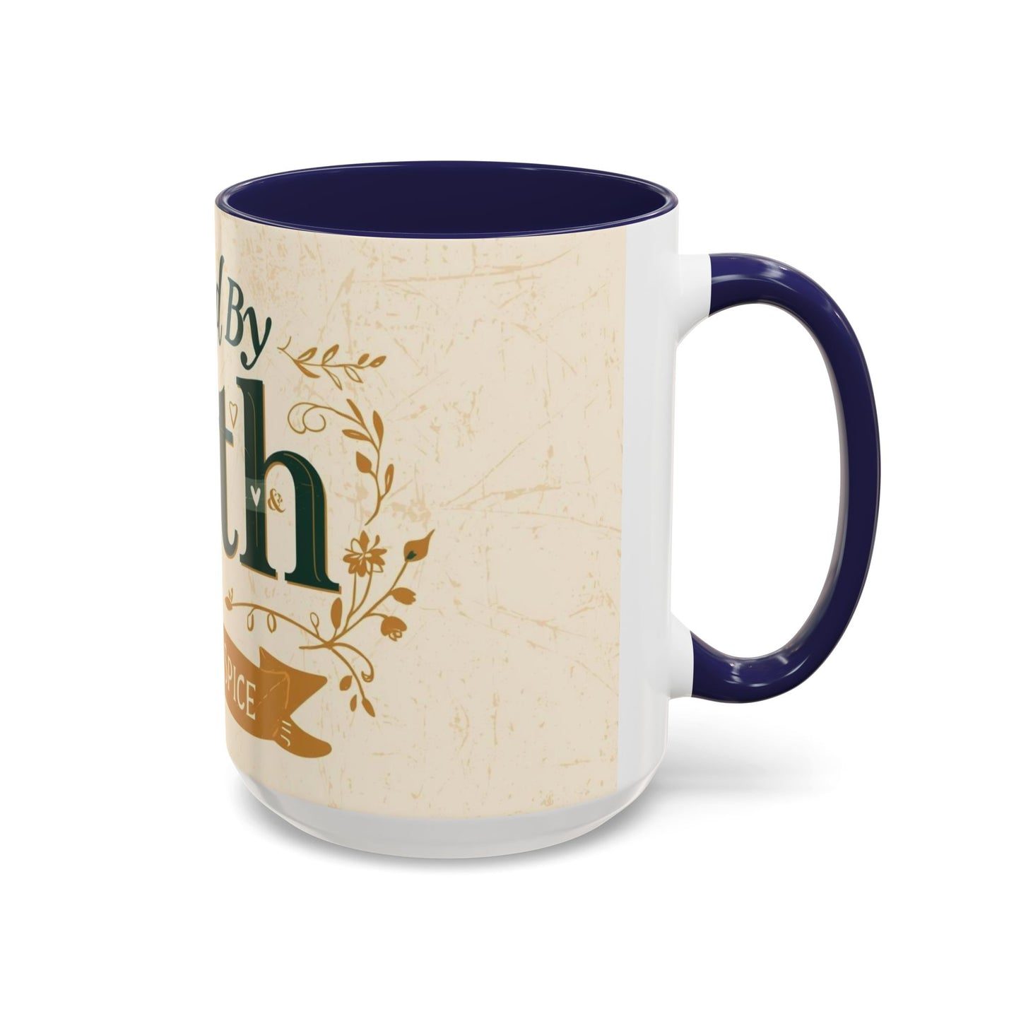 Navy “Fueled by Faith & Pumpkin Spice” 15oz accent mug — large Christian coffee mug with dark blue handle and autumn faith design.