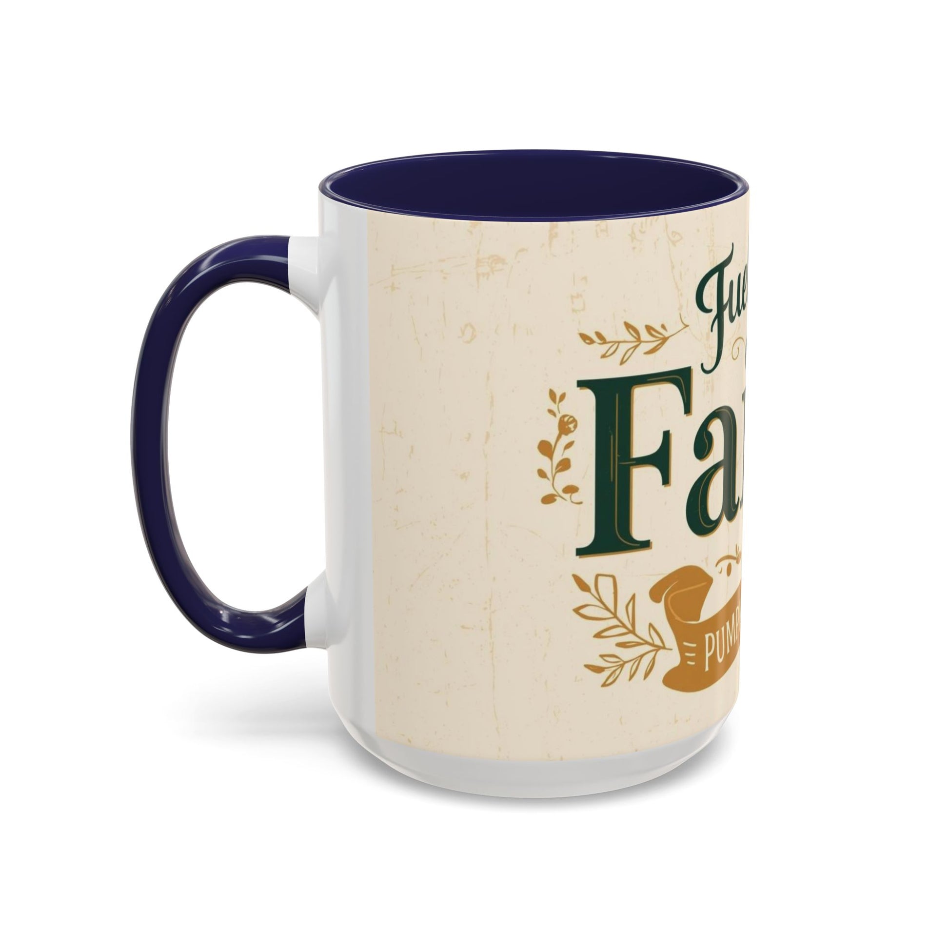 15oz navy “Fueled by Faith & Pumpkin Spice” mug — oversized Christian mug for pumpkin spice lovers and fall mornings of reflection.