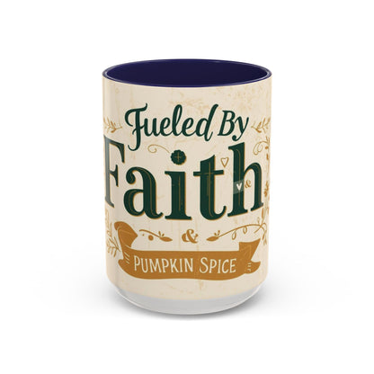 Navy “Fueled by Faith & Pumpkin Spice” 15oz accent mug — deep blue Christian coffee mug featuring elegant autumn lettering and cozy faith design.