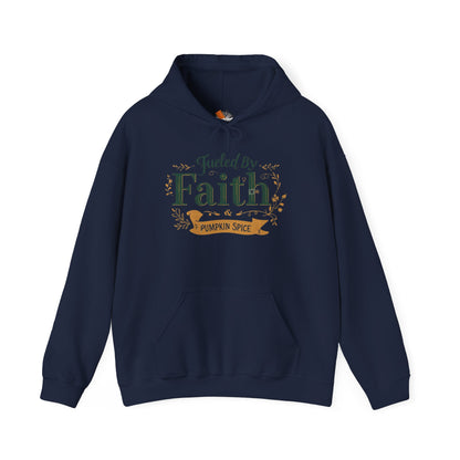 Navy blue “Fueled by Faith & Pumpkin Spice” hoodie — unisex Christian fall sweatshirt featuring warm gold and forest-green lettering.
