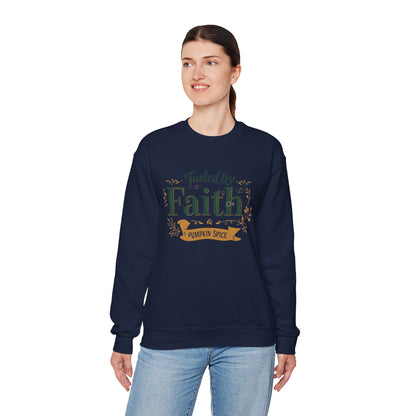 Woman wearing navy “Fueled by Faith & Pumpkin Spice” crewneck sweatshirt — comfortable unisex Christian fall outfit.