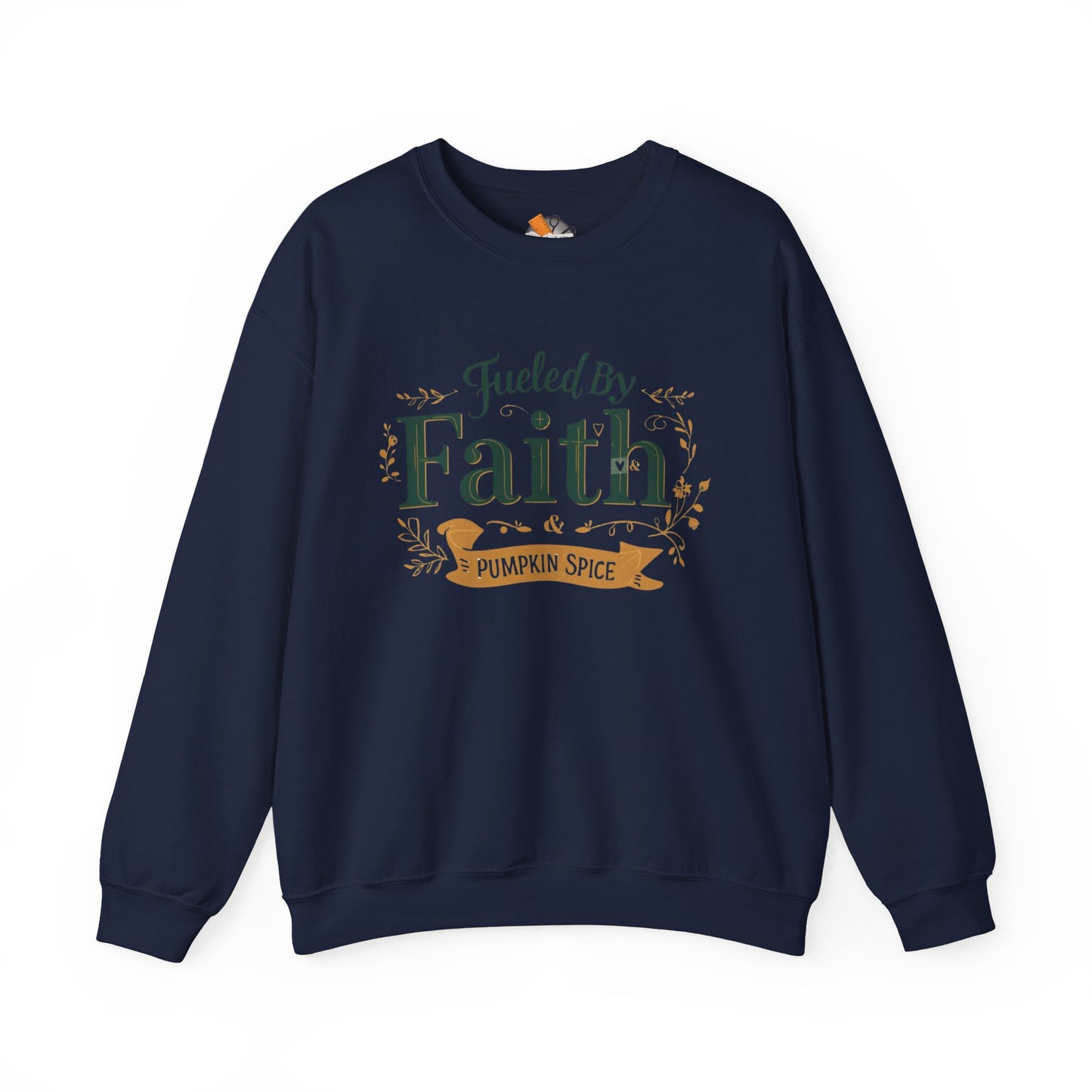 Navy blue “Fueled by Faith & Pumpkin Spice” crewneck sweatshirt — classic unisex Christian faith-based fall apparel.