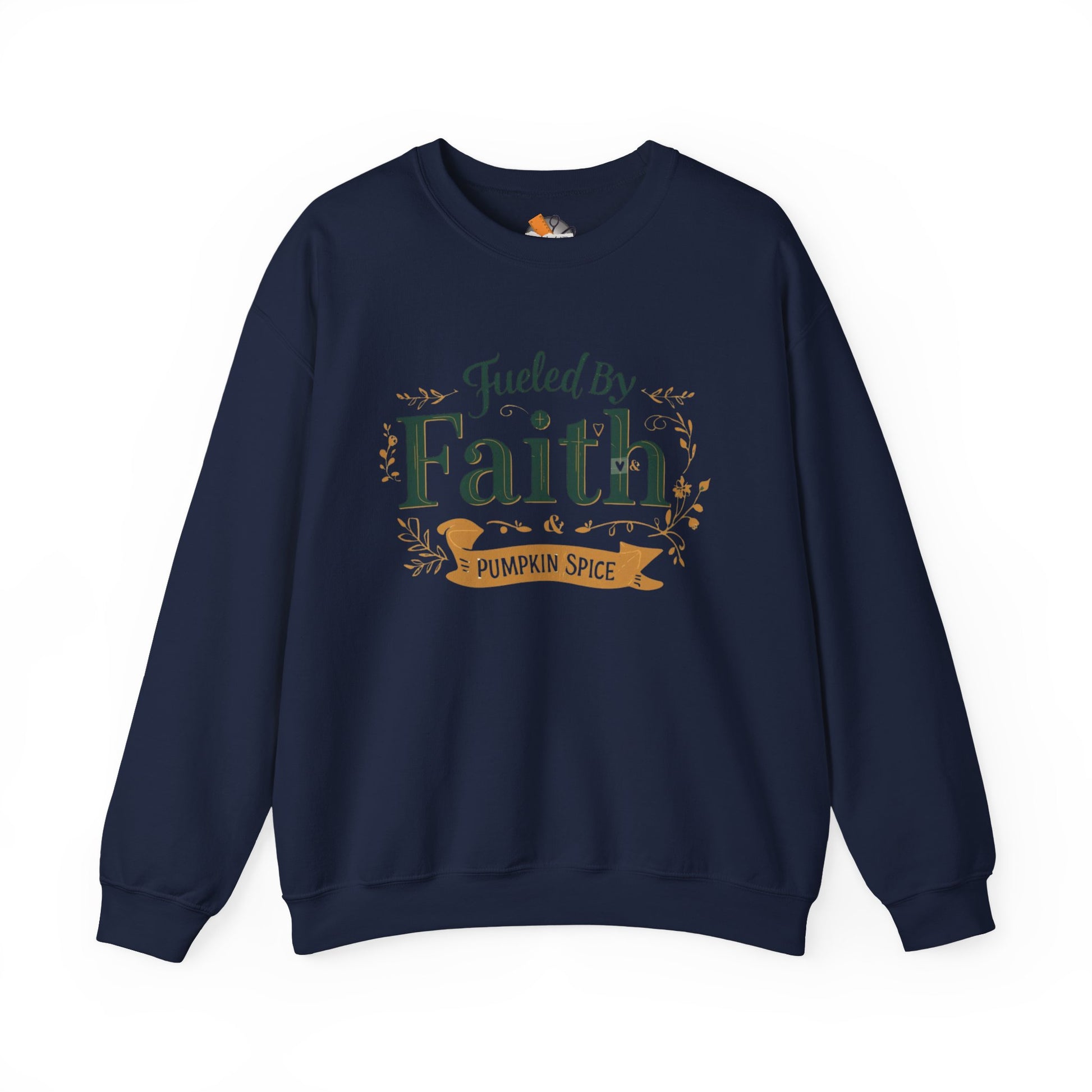 Navy blue “Fueled by Faith & Pumpkin Spice” crewneck sweatshirt — classic unisex Christian faith-based fall apparel.
