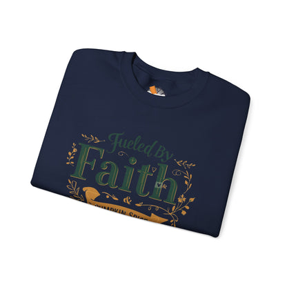 Folded navy blue “Fueled by Faith & Pumpkin Spice” sweatshirt with gold and green typography — elegant Christian apparel flat lay mockup.
