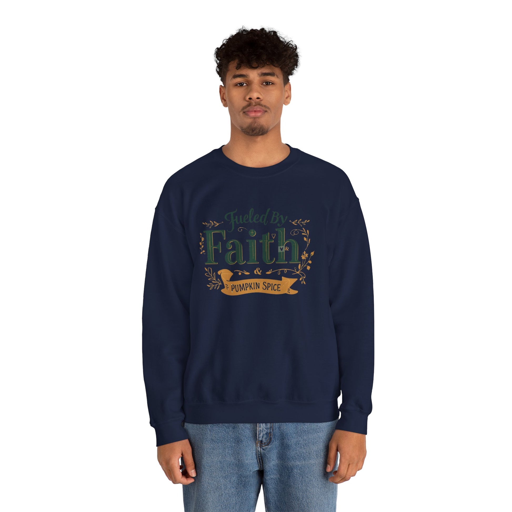 Man wearing navy blue “Fueled by Faith & Pumpkin Spice” crewneck sweatshirt — cozy unisex Christian fall fashion.