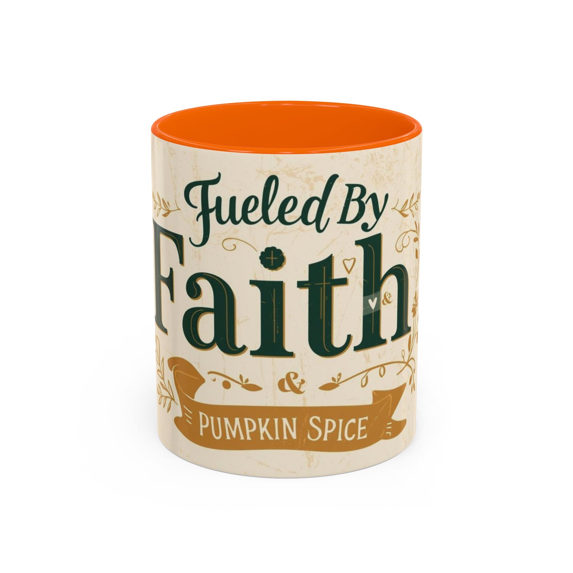 Orange “Fueled by Faith & Pumpkin Spice” 11oz accent mug — cheerful Christian fall coffee mug with bright pumpkin-inspired interior.