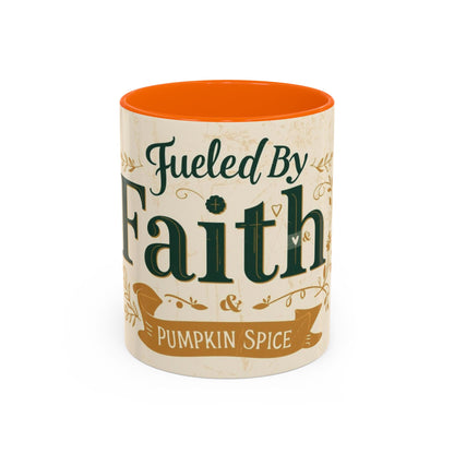 Orange “Fueled by Faith & Pumpkin Spice” 11oz accent mug — cheerful Christian fall coffee mug with bright pumpkin-inspired interior.