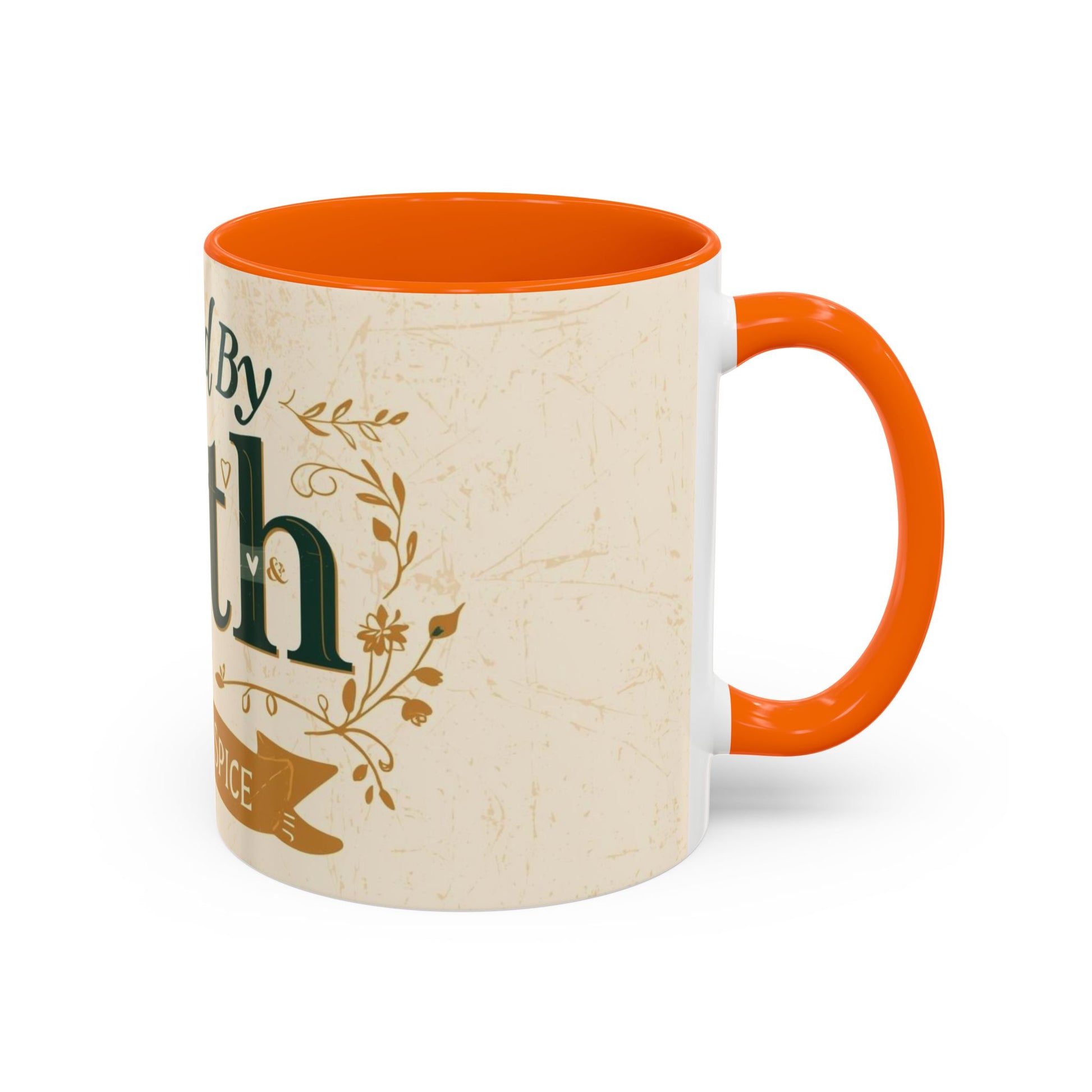 Orange “Fueled by Faith & Pumpkin Spice” 11oz accent mug — Christian fall coffee cup with faith-inspired design in green and gold lettering.