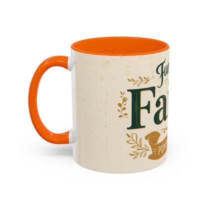 Orange “Fueled by Faith & Pumpkin Spice” ceramic coffee mug — cozy Christian drinkware perfect for believers and pumpkin spice lovers.