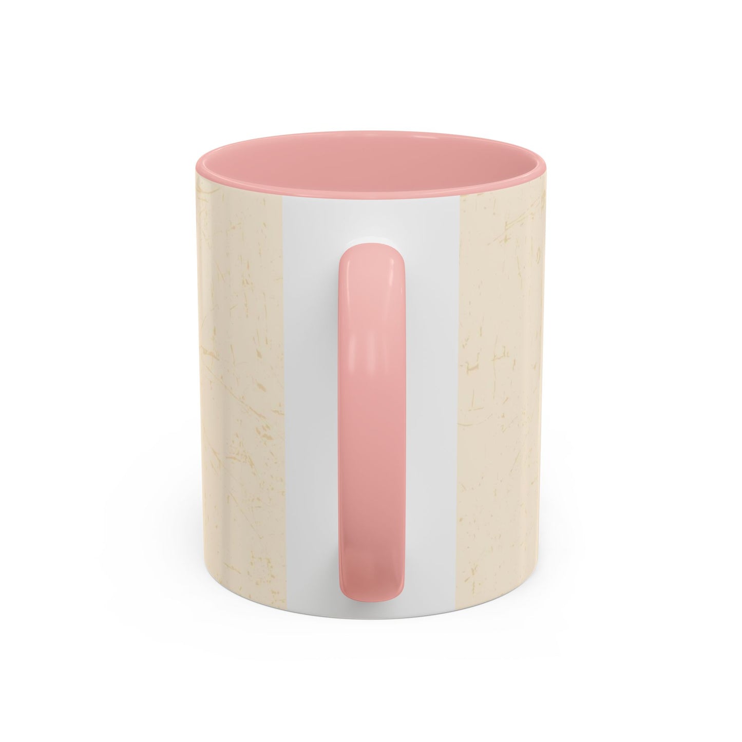Back handle view of pink “Fueled by Faith & Pumpkin Spice” accent mug — glossy Christian coffee cup with pastel pink interior.