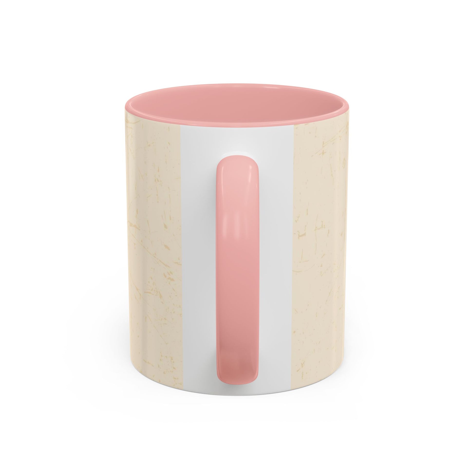 Back handle view of pink “Fueled by Faith & Pumpkin Spice” accent mug — glossy Christian coffee cup with pastel pink interior.