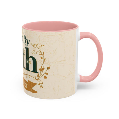 Pink “Fueled by Faith & Pumpkin Spice” 11oz accent mug — inspirational Christian coffee mug with soft blush handle and floral fall design.