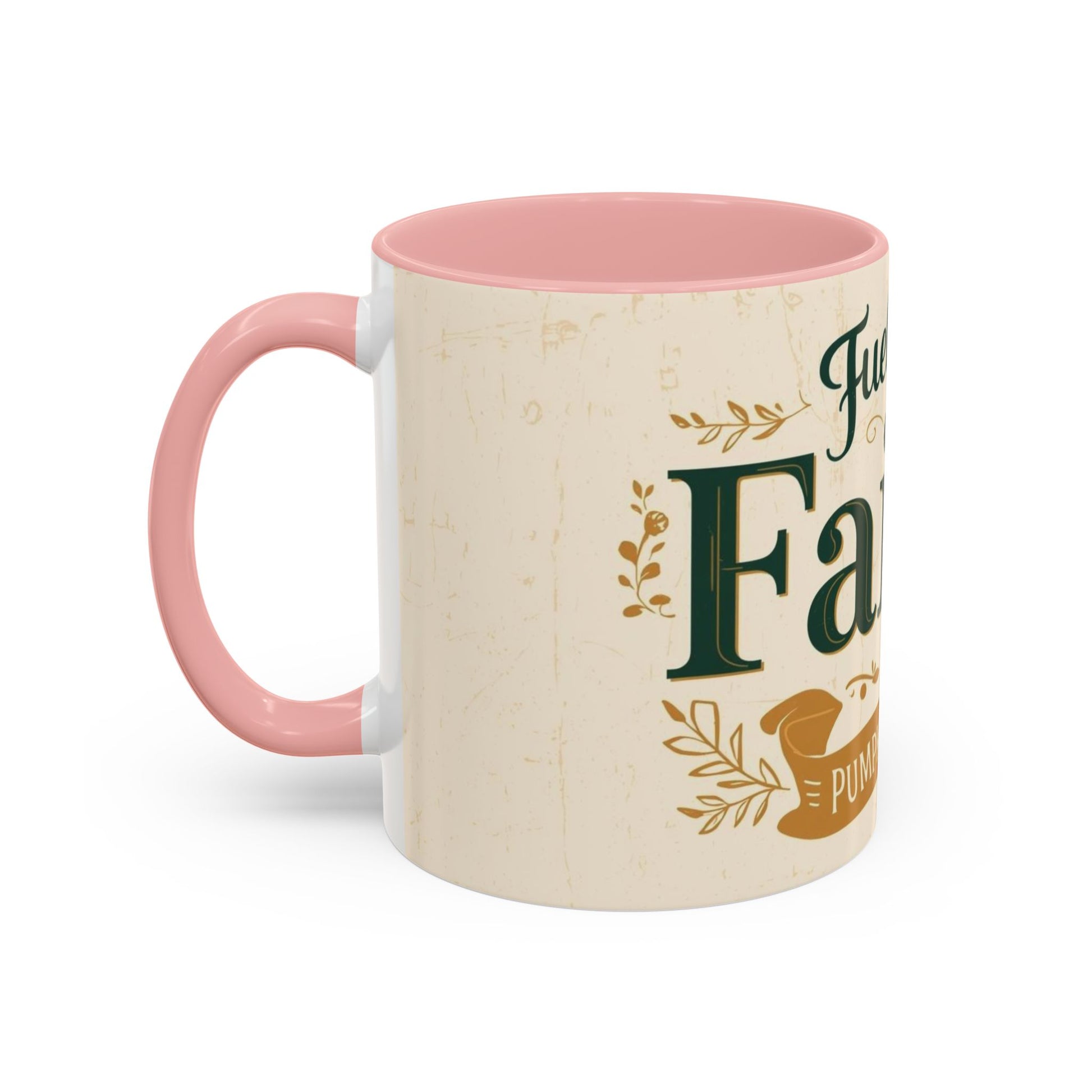 11oz pink “Fueled by Faith & Pumpkin Spice” ceramic mug — faith-based coffee cup perfect for cozy mornings and fall lovers.
