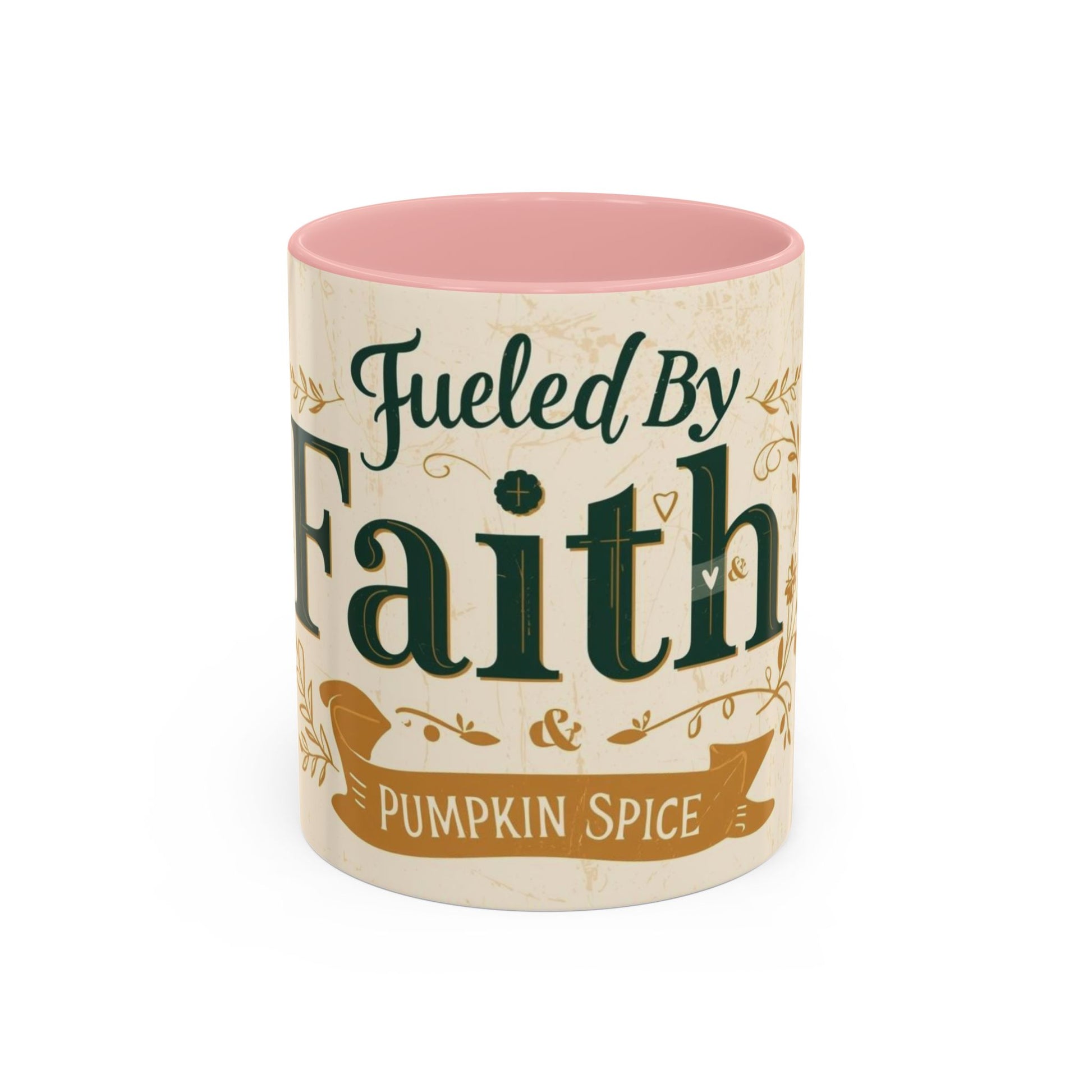 Pink “Fueled by Faith & Pumpkin Spice” 11oz accent mug — soft blush Christian coffee mug for fall mornings filled with gratitude and warmth.