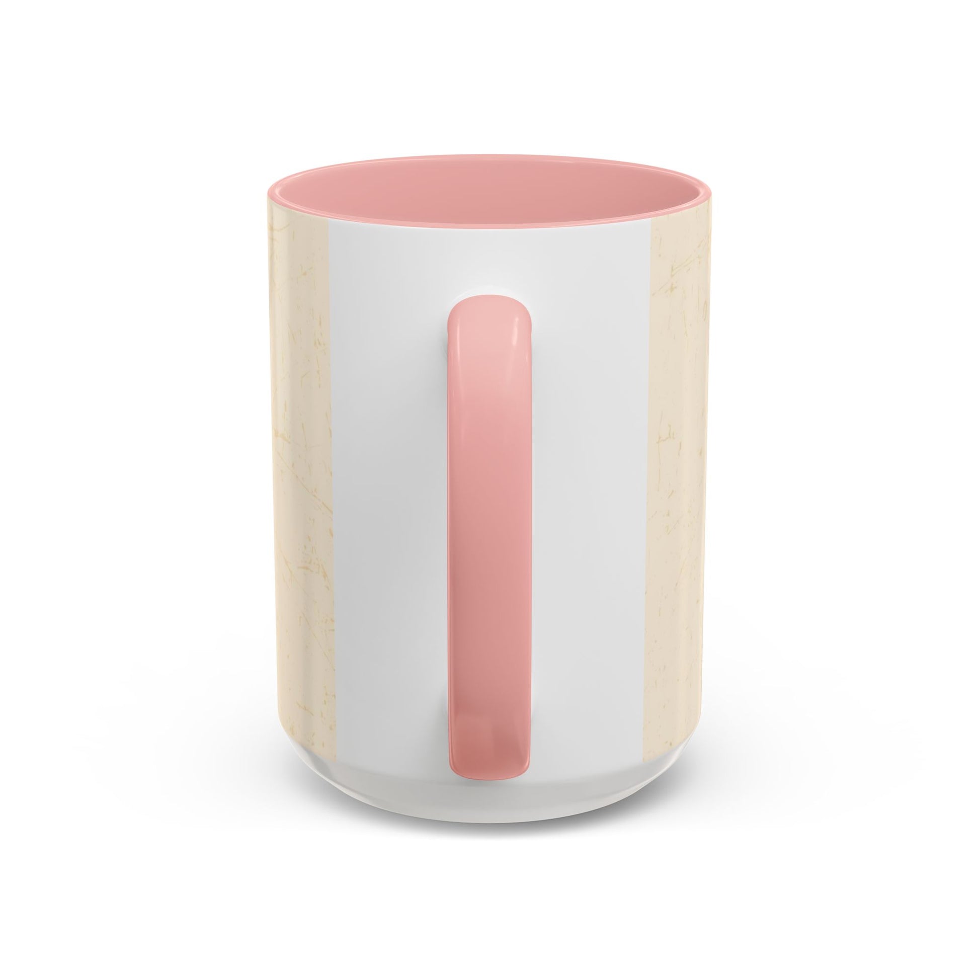 Handle view of pink “Fueled by Faith & Pumpkin Spice” 15oz mug — glossy Christian coffee mug with blush pink interior and fall design.