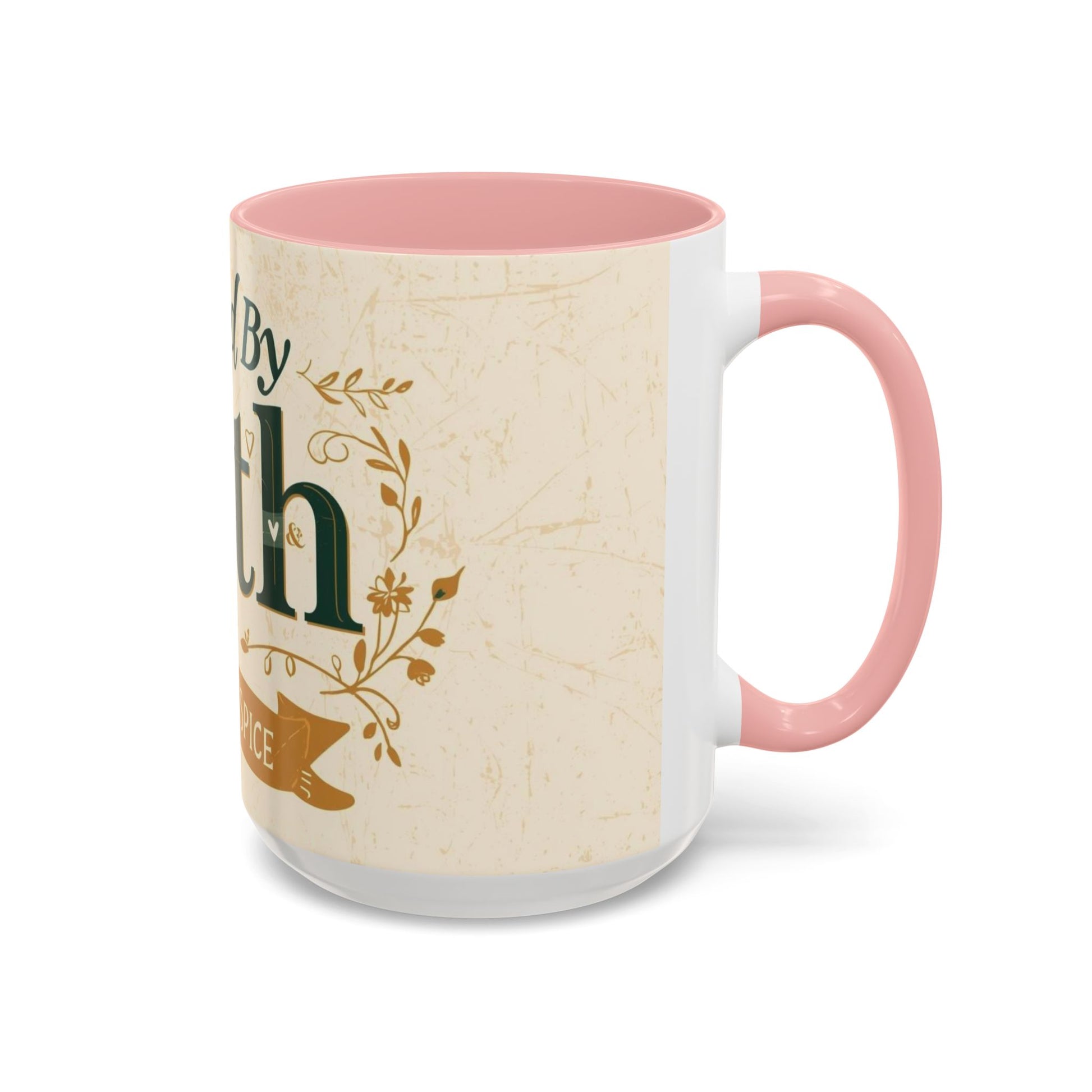 Pink “Fueled by Faith & Pumpkin Spice” 15oz accent mug — large Christian coffee mug with soft blush handle and faith-inspired autumn design.