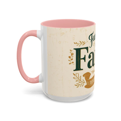 15oz pink “Fueled by Faith & Pumpkin Spice” mug — oversized Christian fall drinkware for believers who love cozy mornings and pumpkin spice.