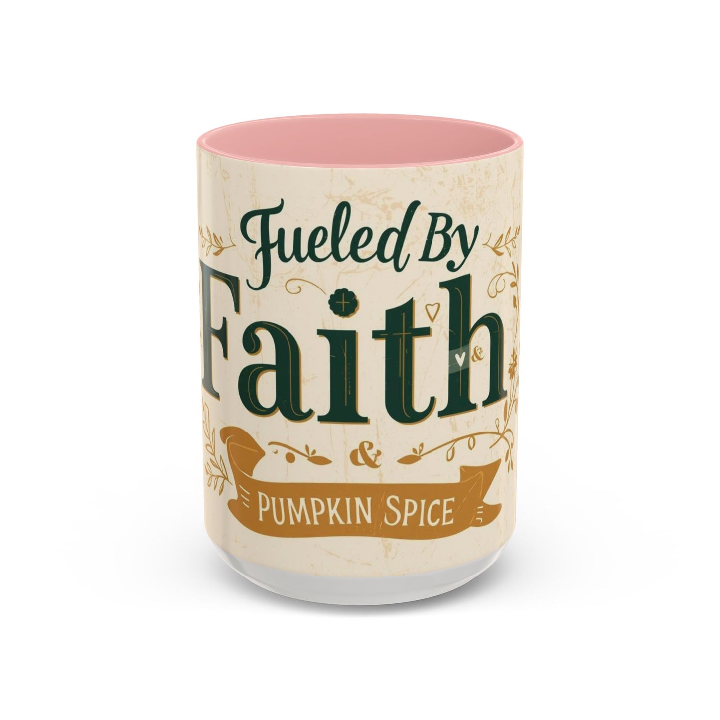 Pink “Fueled by Faith & Pumpkin Spice” 15oz accent mug — soft blush Christian mug for women of faith who love cozy fall mornings and pumpkin spice.