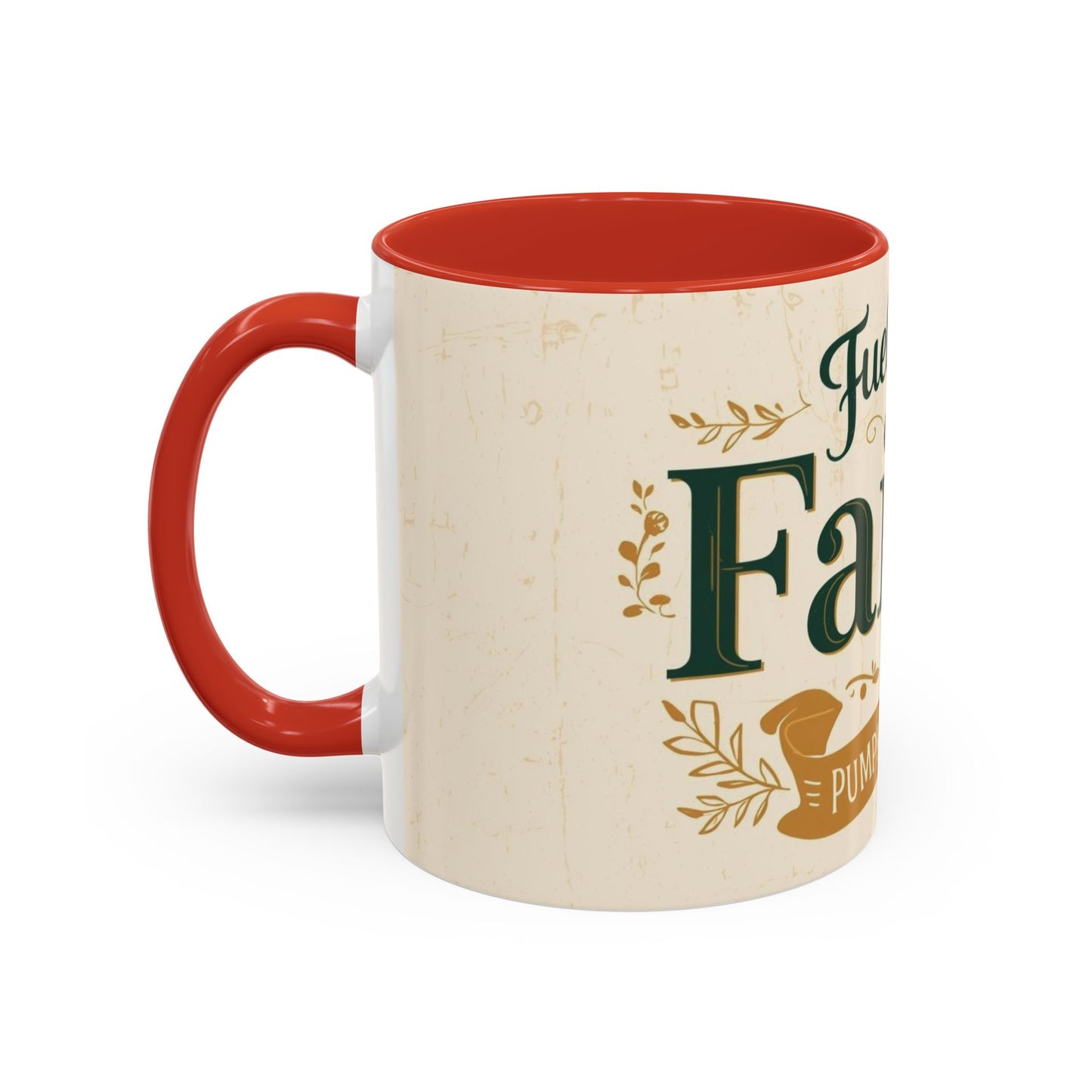 Red “Fueled by Faith & Pumpkin Spice” 11oz accent mug — inspirational Christian coffee mug with fall-themed design and glossy red handle.