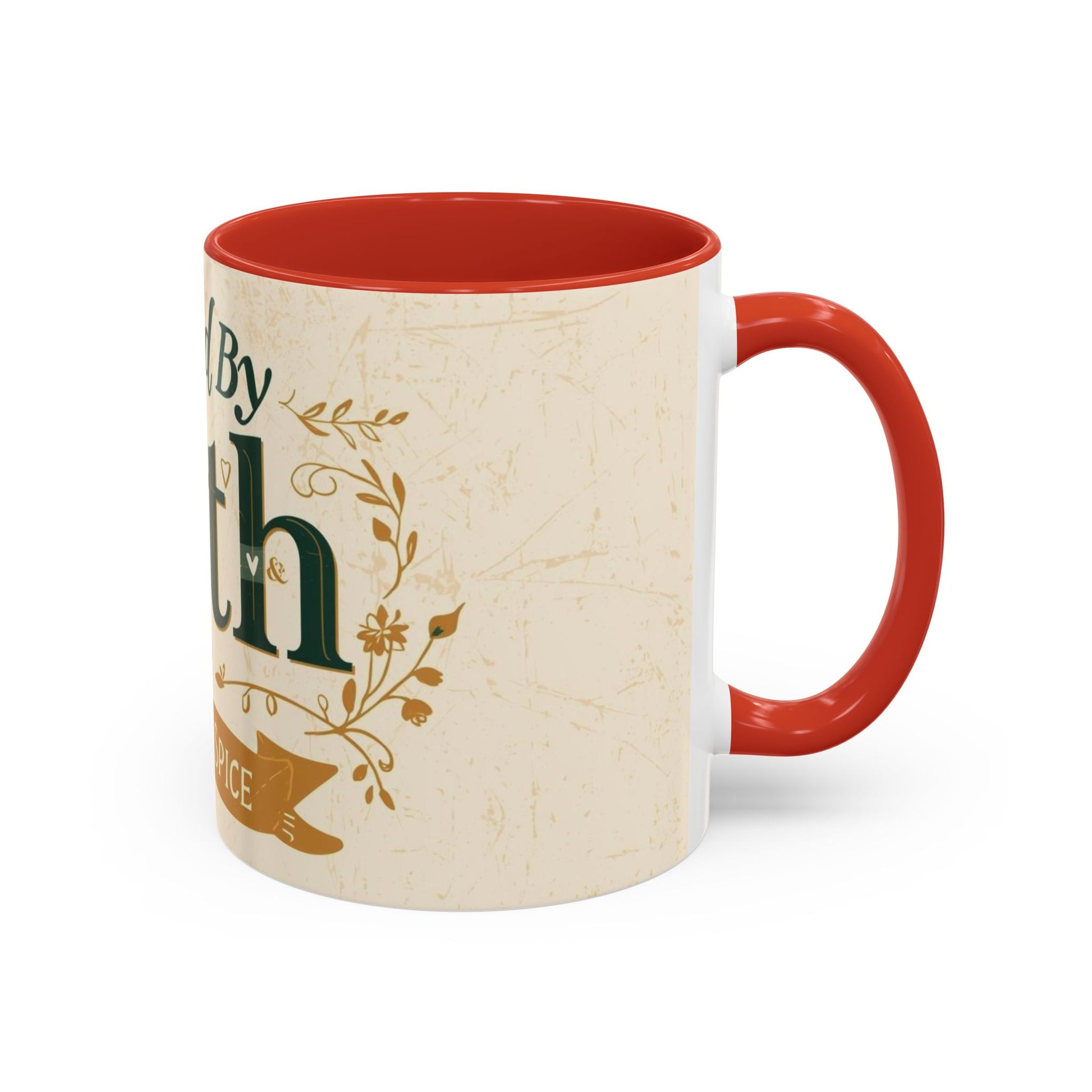 11oz red “Fueled by Faith & Pumpkin Spice” ceramic mug — cozy Christian drinkware perfect for fall mornings and faith-filled coffee lovers.