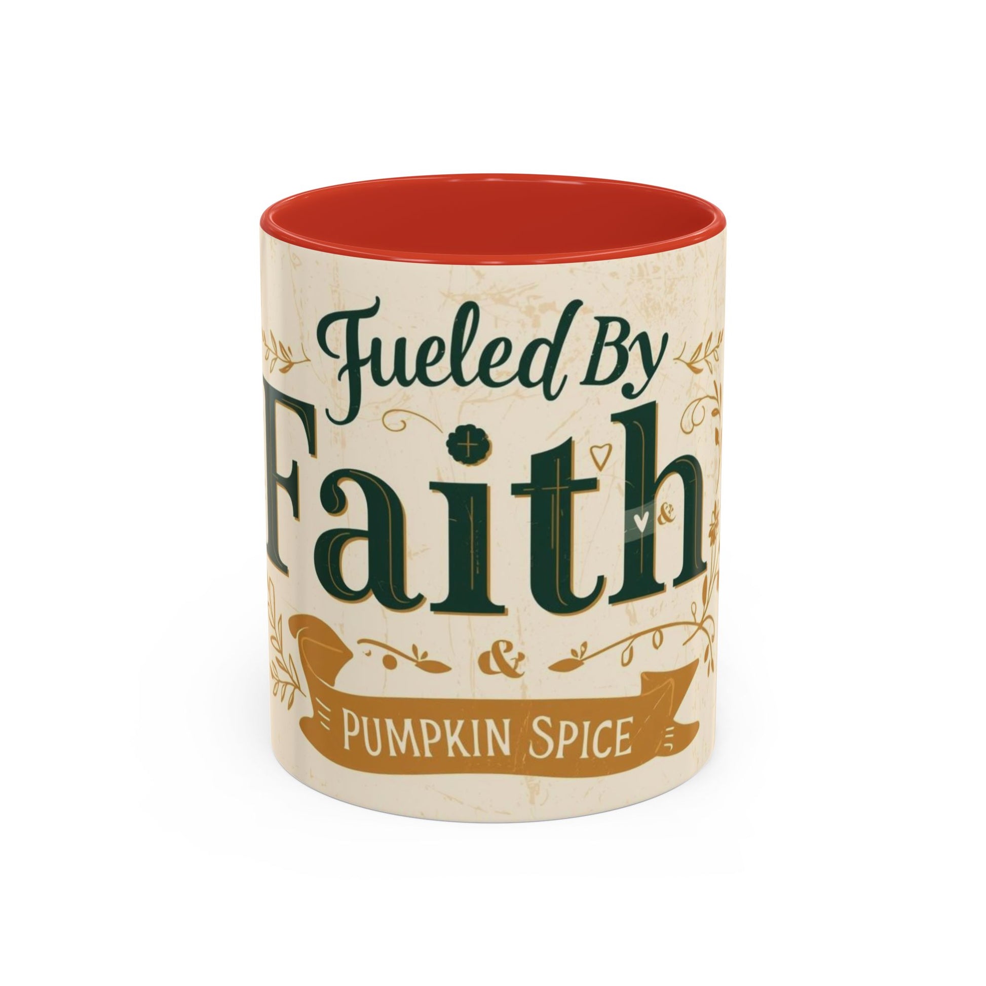 Red “Fueled by Faith & Pumpkin Spice” 11oz accent mug — Christian fall coffee mug with warm red handle and cozy autumn design.