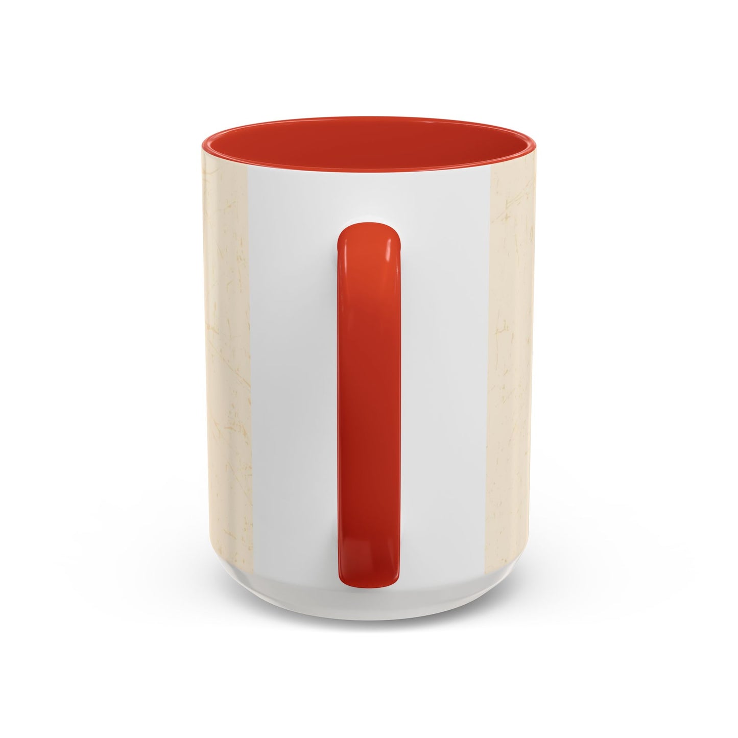 Handle view of 15oz red “Fueled by Faith & Pumpkin Spice” mug — glossy Christian fall coffee mug with bright red interior and handle.