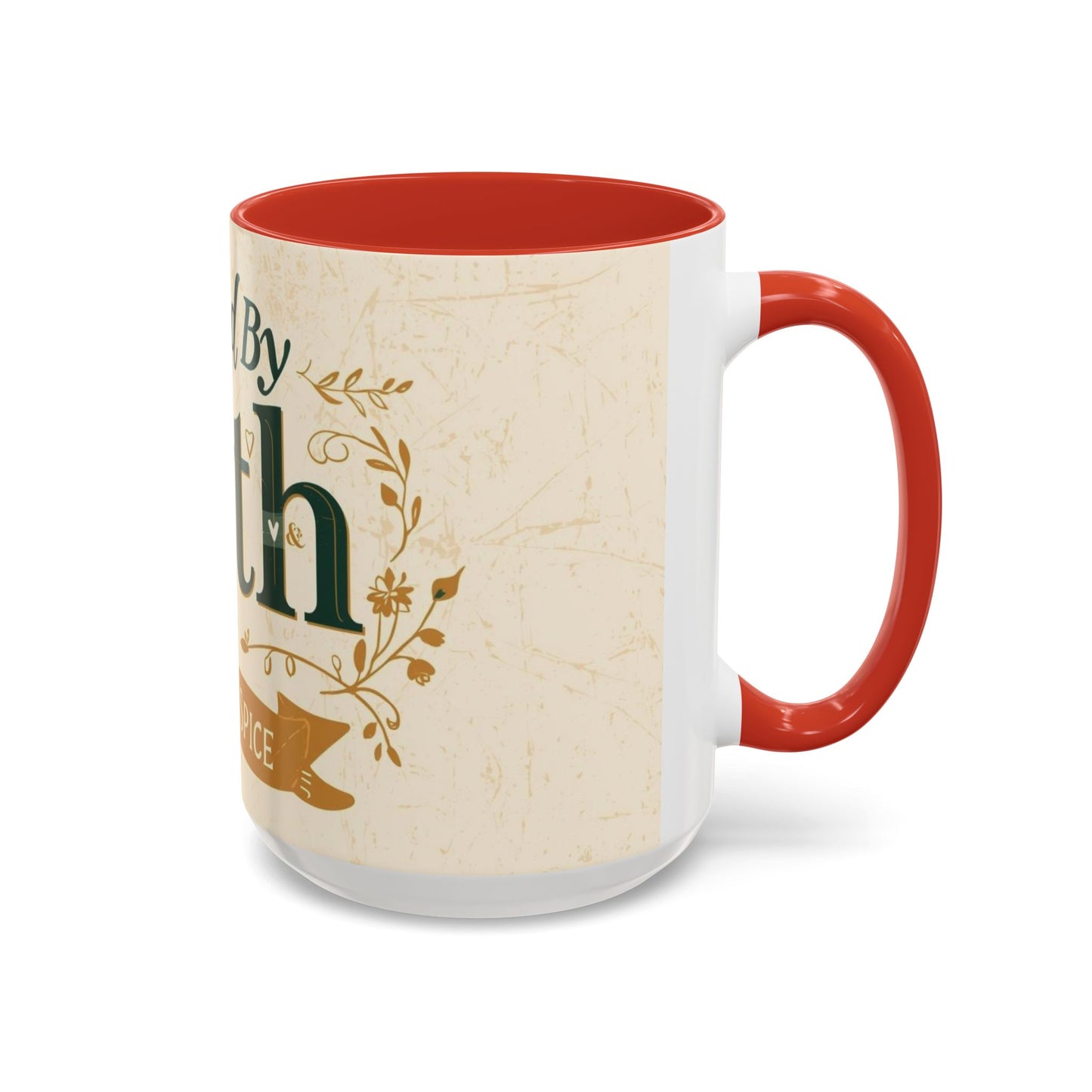 Red “Fueled by Faith & Pumpkin Spice” 15oz accent mug — large Christian coffee mug with bold red interior and faith-inspired fall design.