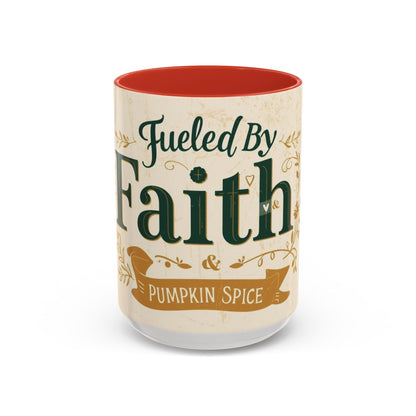 Red “Fueled by Faith & Pumpkin Spice” 15oz accent mug — faith-inspired fall coffee cup with bold red interior and uplifting Christian message.