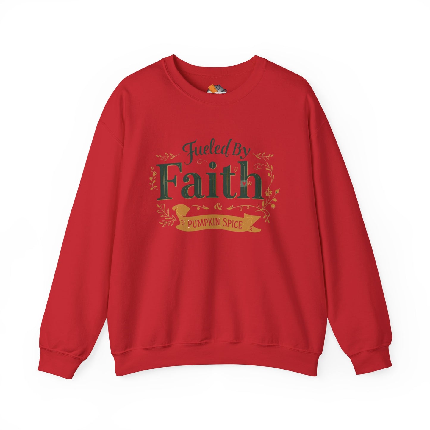 Red “Fueled by Faith & Pumpkin Spice” crewneck sweatshirt — bold Christian fall apparel with festive green and gold lettering.