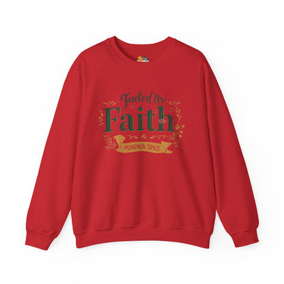 Red “Fueled by Faith & Pumpkin Spice” crewneck sweatshirt — bold Christian fall apparel with festive green and gold lettering.