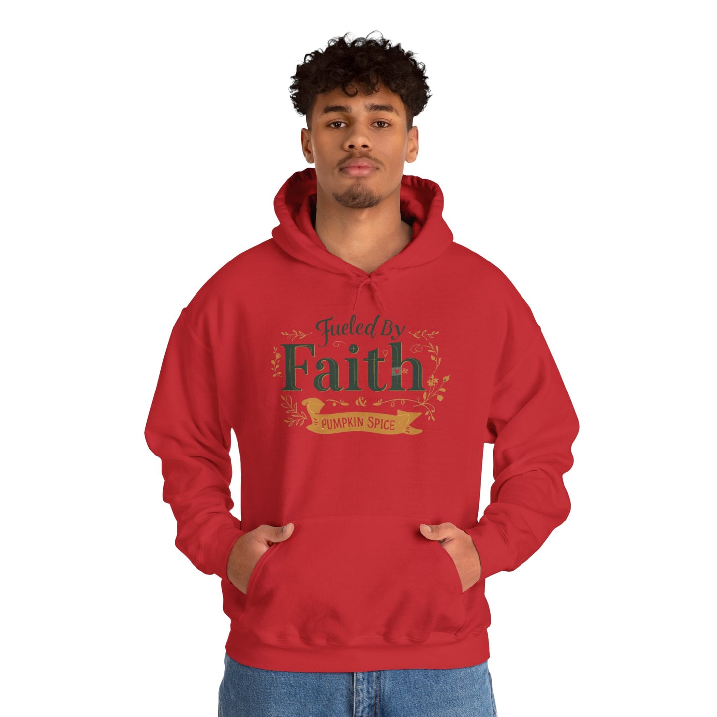 Man wearing red “Fueled by Faith & Pumpkin Spice” hoodie — stylish Christian fall outfit for men and women.