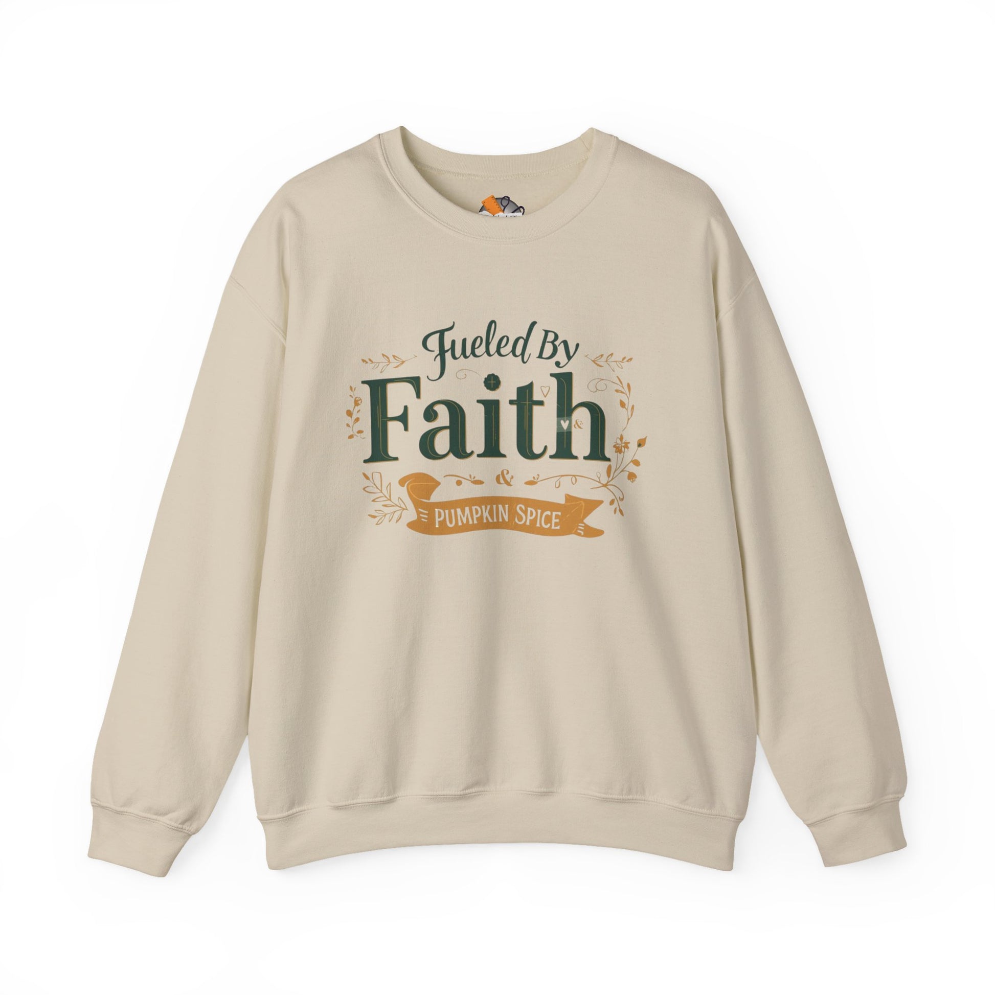 Sand “Fueled by Faith & Pumpkin Spice” crewneck sweatshirt — bold Christian fall apparel with festive green and gold lettering.