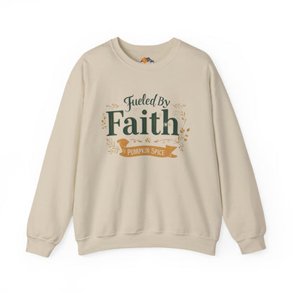 Sand “Fueled by Faith & Pumpkin Spice” crewneck sweatshirt — bold Christian fall apparel with festive green and gold lettering.