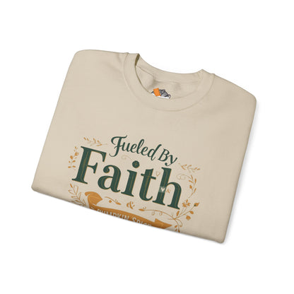 Folded sand “Fueled by Faith & Pumpkin Spice” sweatshirt with green and gold lettering — cozy Christian fall apparel flat lay.