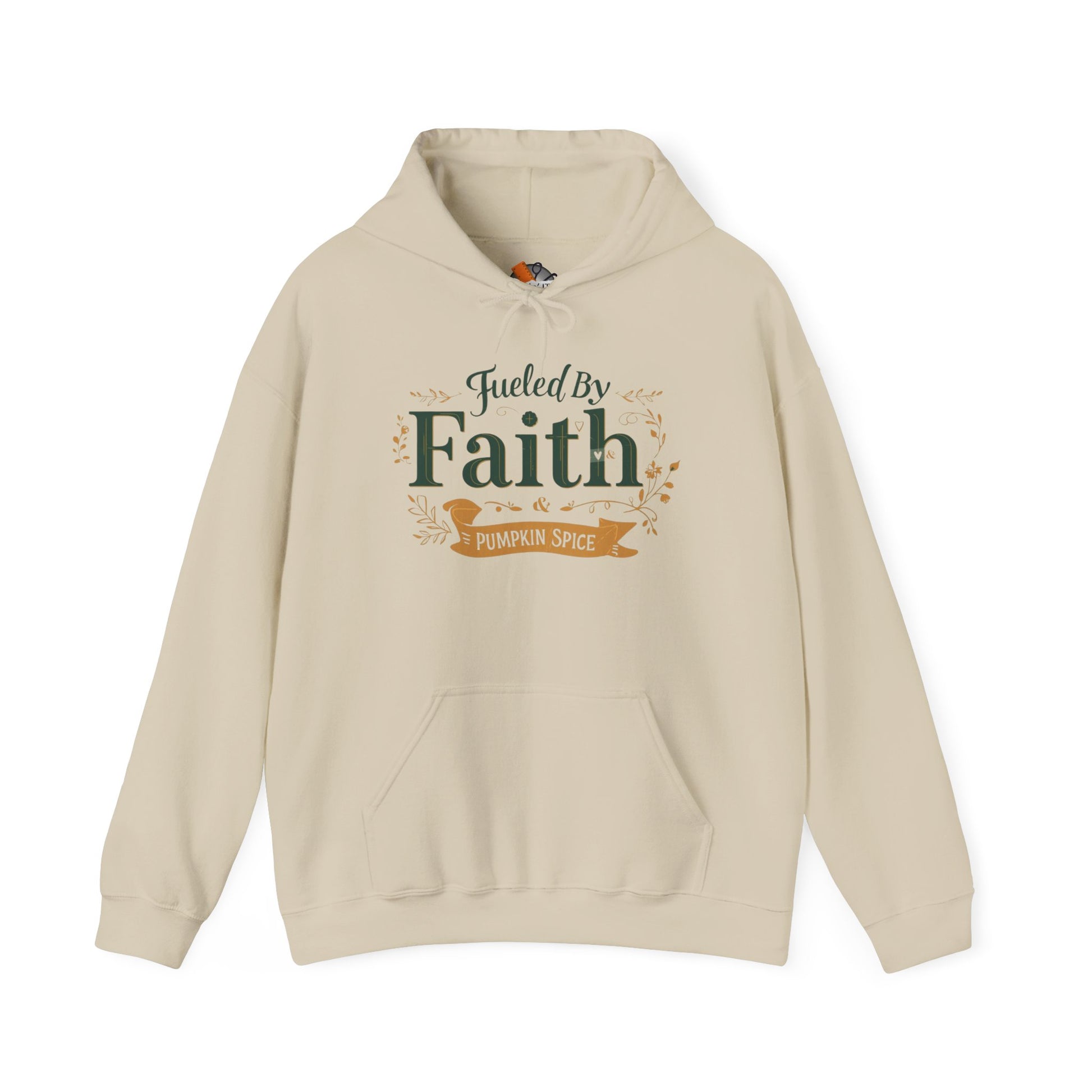 Sand “Fueled by Faith & Pumpkin Spice” hoodie — cozy unisex Christian fall sweatshirt with green and gold faith design by Makin’ It By Lady Ev.