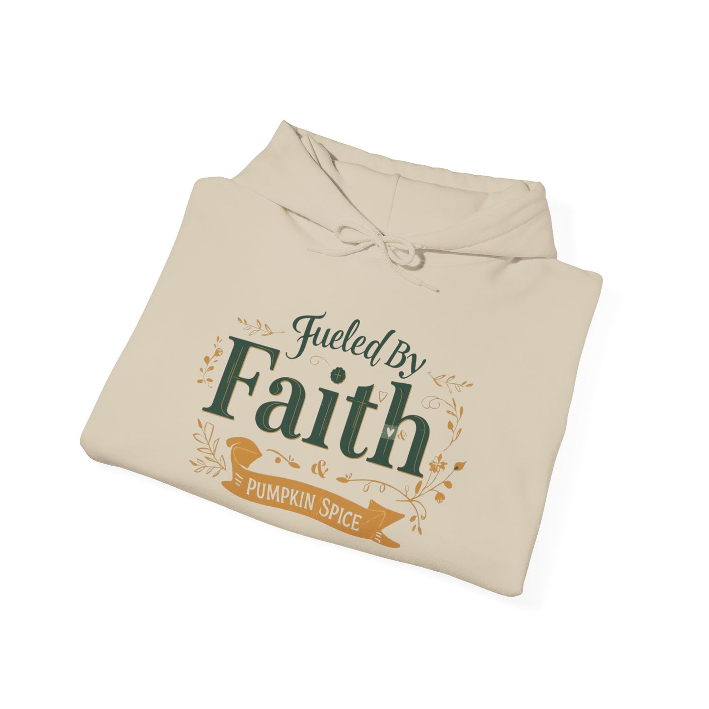 Folded sand “Fueled by Faith & Pumpkin Spice” hoodie — cozy Christian fall sweatshirt with gold and green typography.