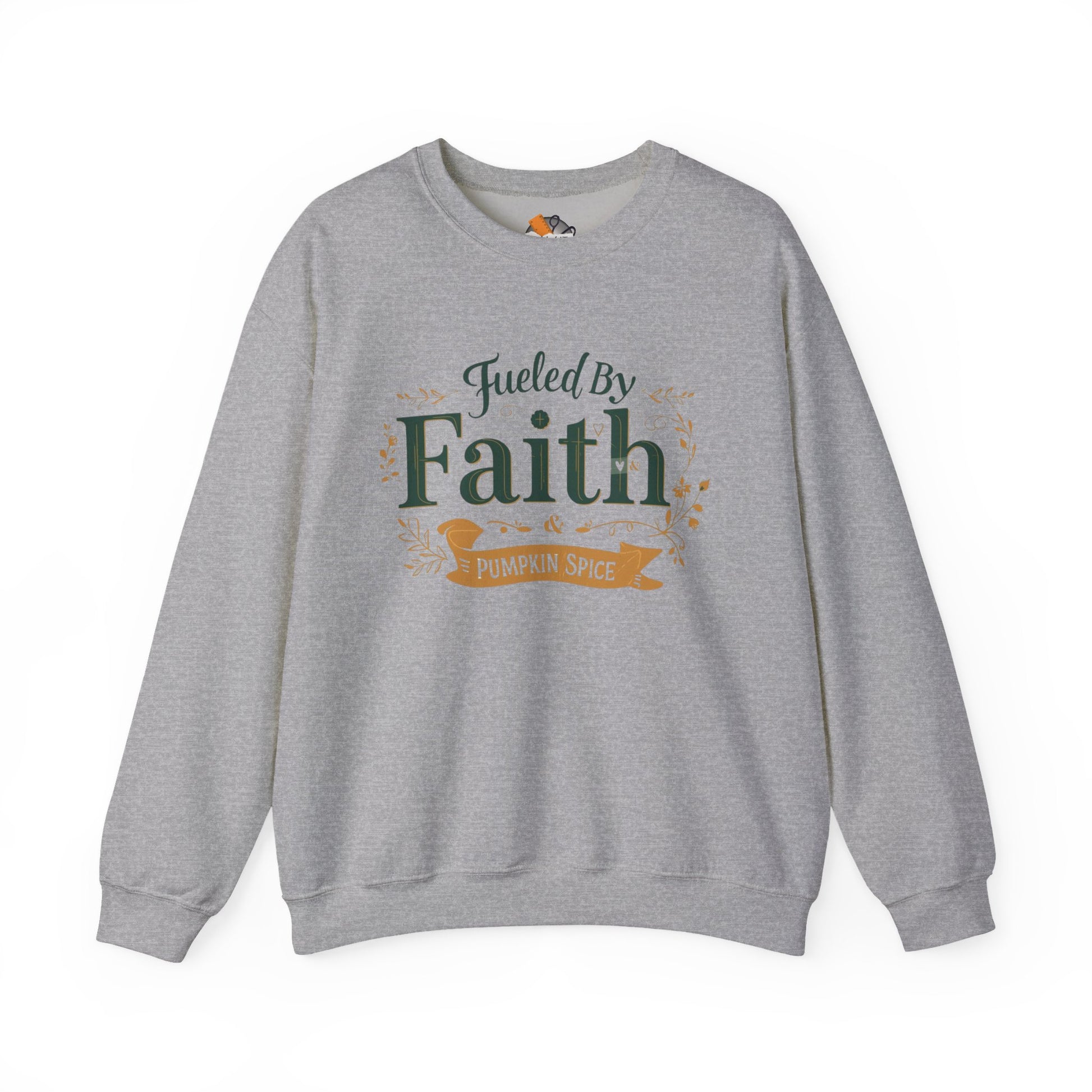 Sport Grey “Fueled by Faith & Pumpkin Spice” crewneck sweatshirt — bold Christian fall apparel with festive green and gold lettering.