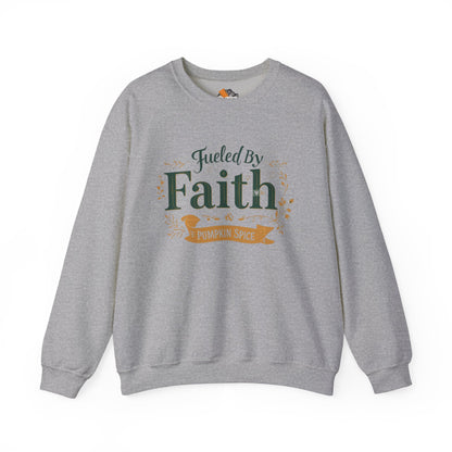 Sport Grey “Fueled by Faith & Pumpkin Spice” crewneck sweatshirt — bold Christian fall apparel with festive green and gold lettering.