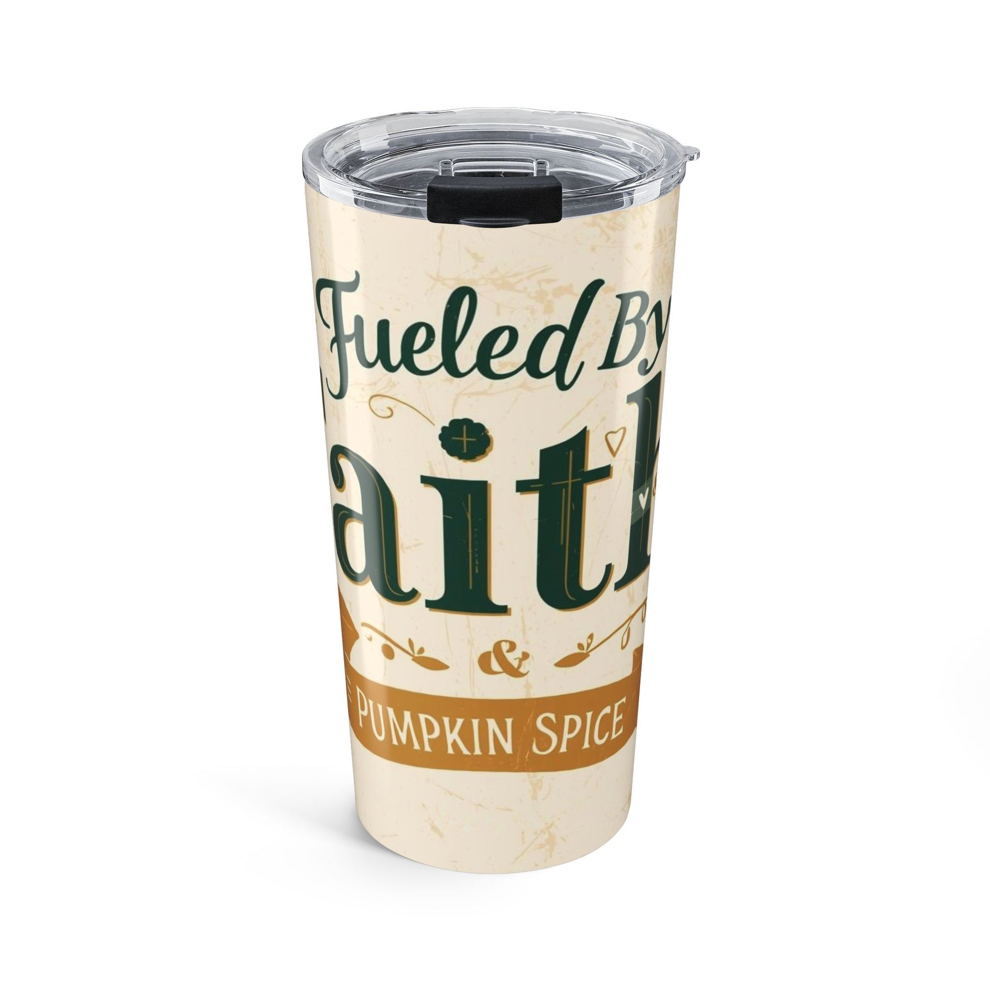 Fueled by Faith and Pumpkin Spice 20oz tumbler — Christian-inspired coffee tumbler with fall aesthetic design in green and burnt orange tones.