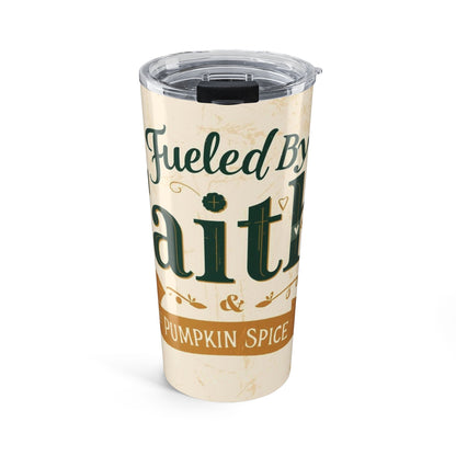Fueled by Faith and Pumpkin Spice 20oz tumbler — Christian-inspired coffee tumbler with fall aesthetic design in green and burnt orange tones.