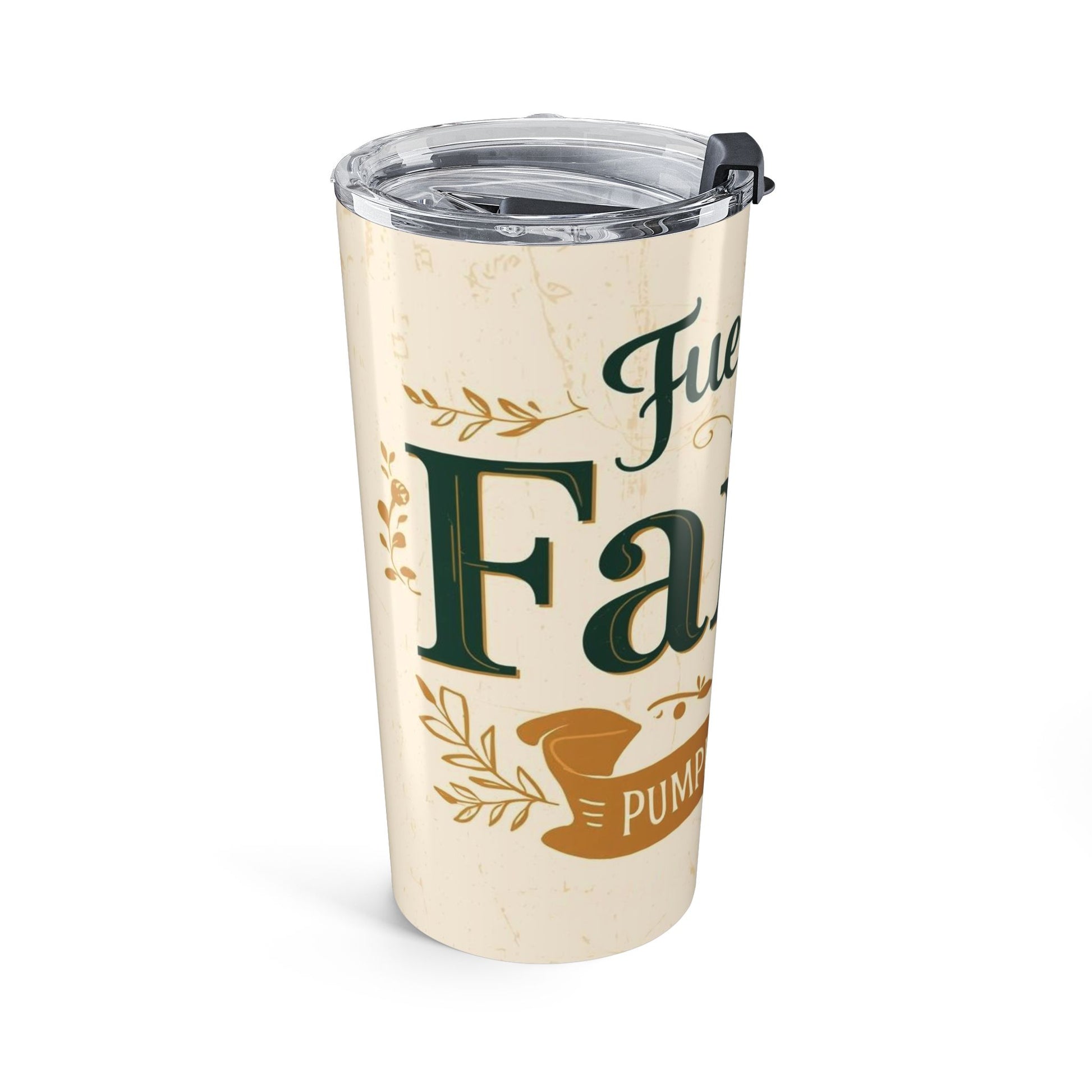 Angled left view of Fueled by Faith and Pumpkin Spice tumbler — stainless steel travel cup featuring vintage-style typography and leaf detail.