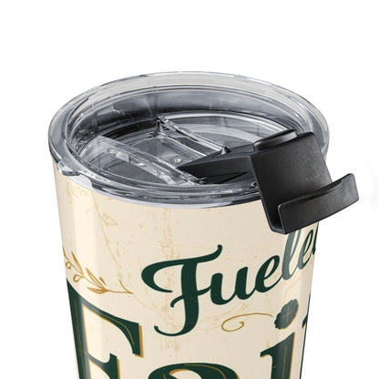 Close-up of Fueled by Faith and Pumpkin Spice tumbler lid — secure sliding top with clear BPA-free cover and travel-ready design.