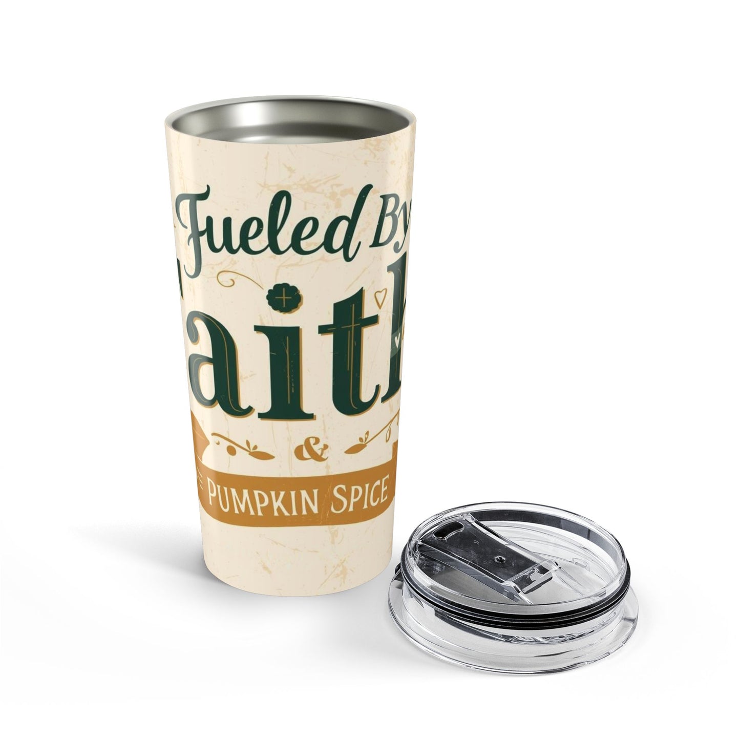 Fueled by Faith and Pumpkin Spice tumbler with removable lid — stainless steel interior and BPA-free top for easy sipping and heat retention.