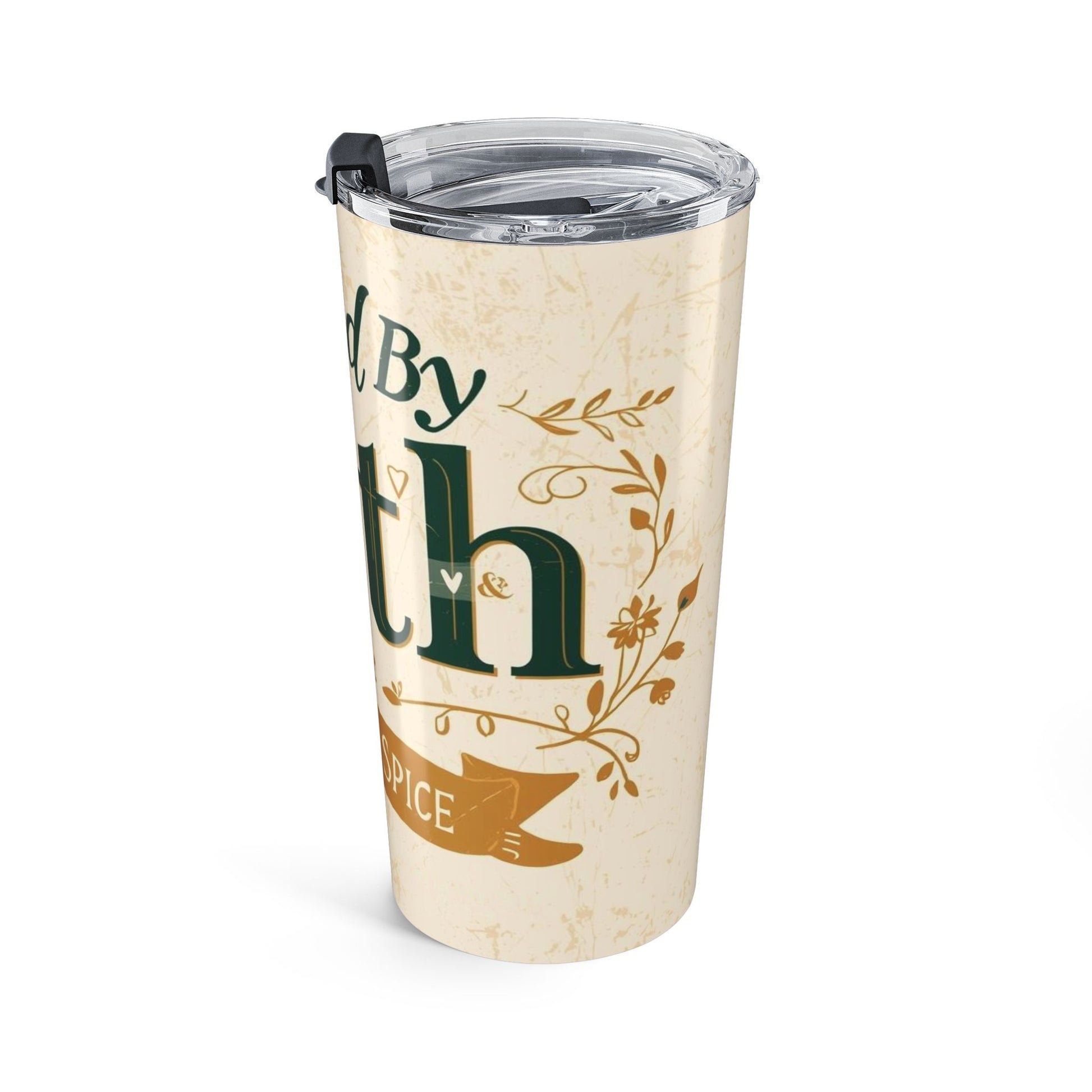 Angled right view of Fueled by Faith and Pumpkin Spice tumbler — faith-based fall drinkware with scripture-inspired charm and rustic background.