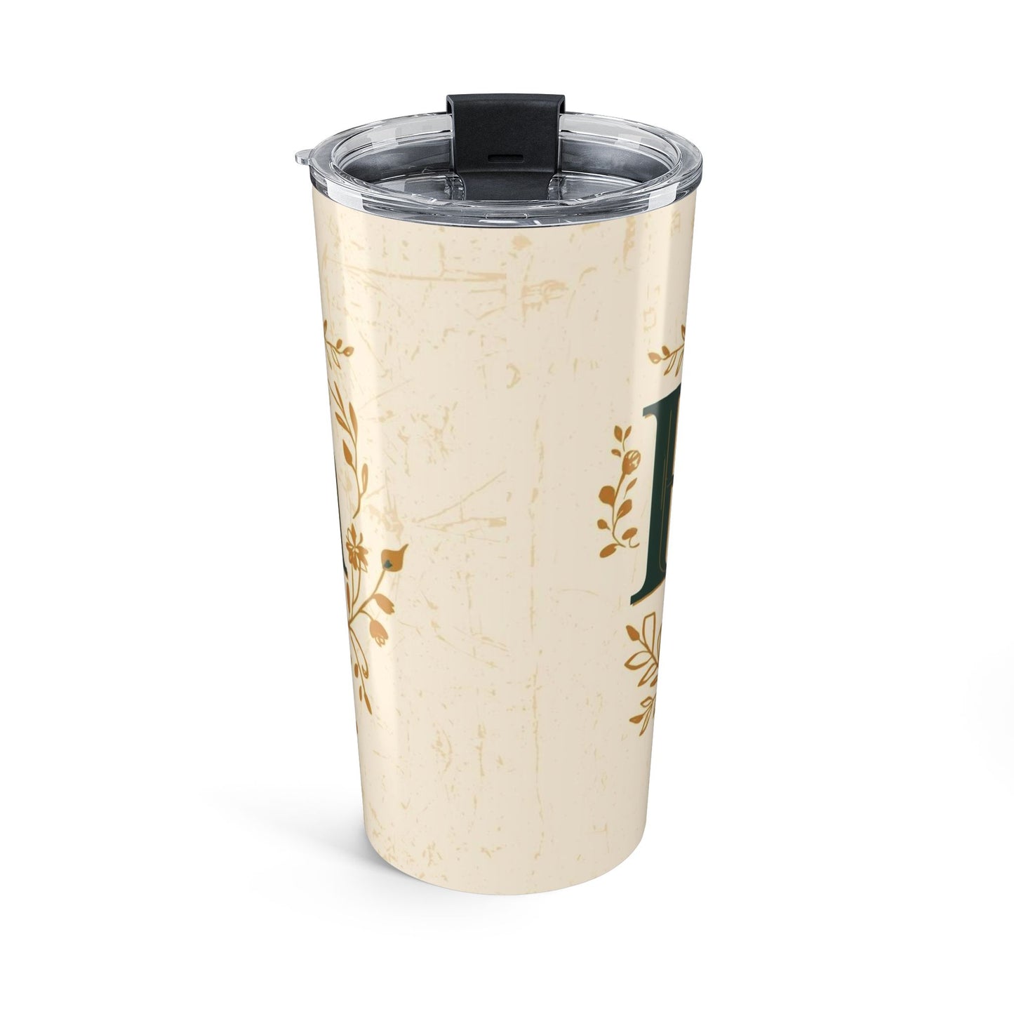 Fueled by Faith and Pumpkin Spice tumbler side view — elegant cream background with delicate fall floral accent design.
