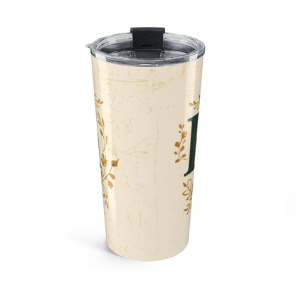 Fueled by Faith and Pumpkin Spice tumbler side view — elegant cream background with delicate fall floral accent design.