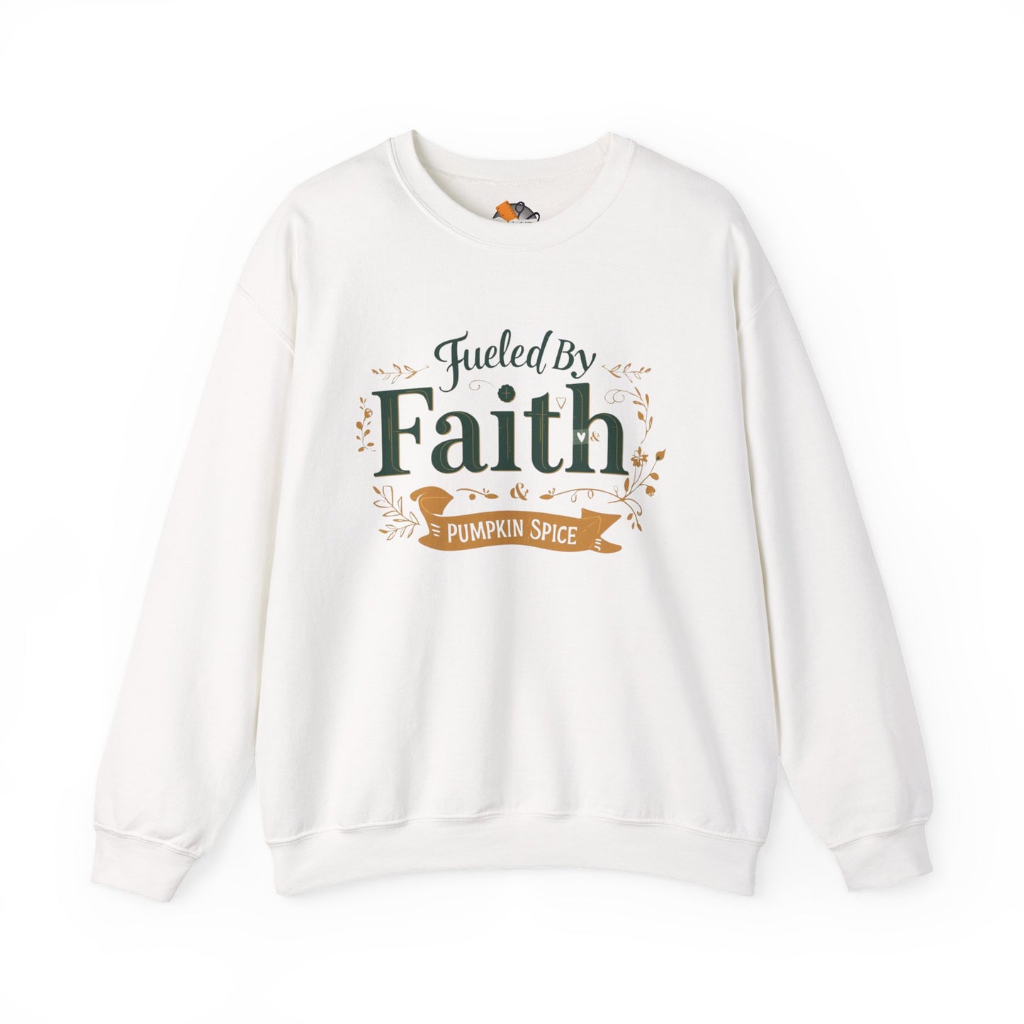 White “Fueled by Faith & Pumpkin Spice” crewneck sweatshirt — bold Christian fall apparel with festive green and gold lettering.