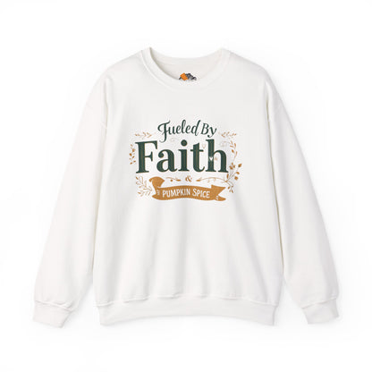 White “Fueled by Faith & Pumpkin Spice” crewneck sweatshirt — bold Christian fall apparel with festive green and gold lettering.